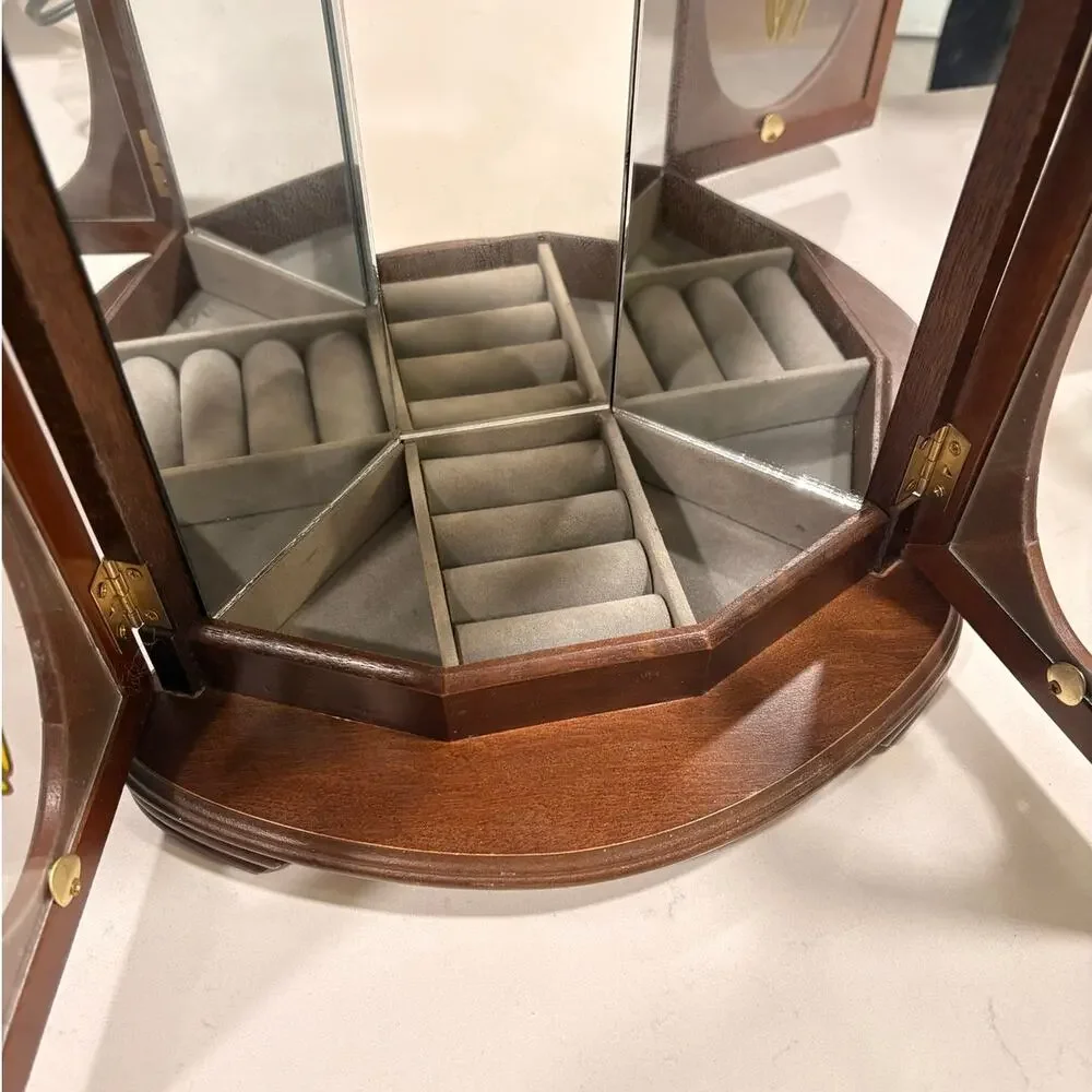Vintage Wooden Jewelry Box Mirrored Interior Iris Glass Doors Trinket Case